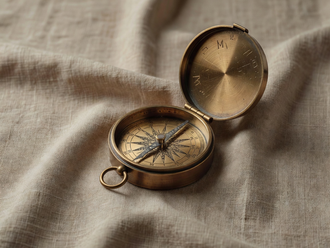 Conceptual 3D render of a brass compass resting on warm linen under soft light