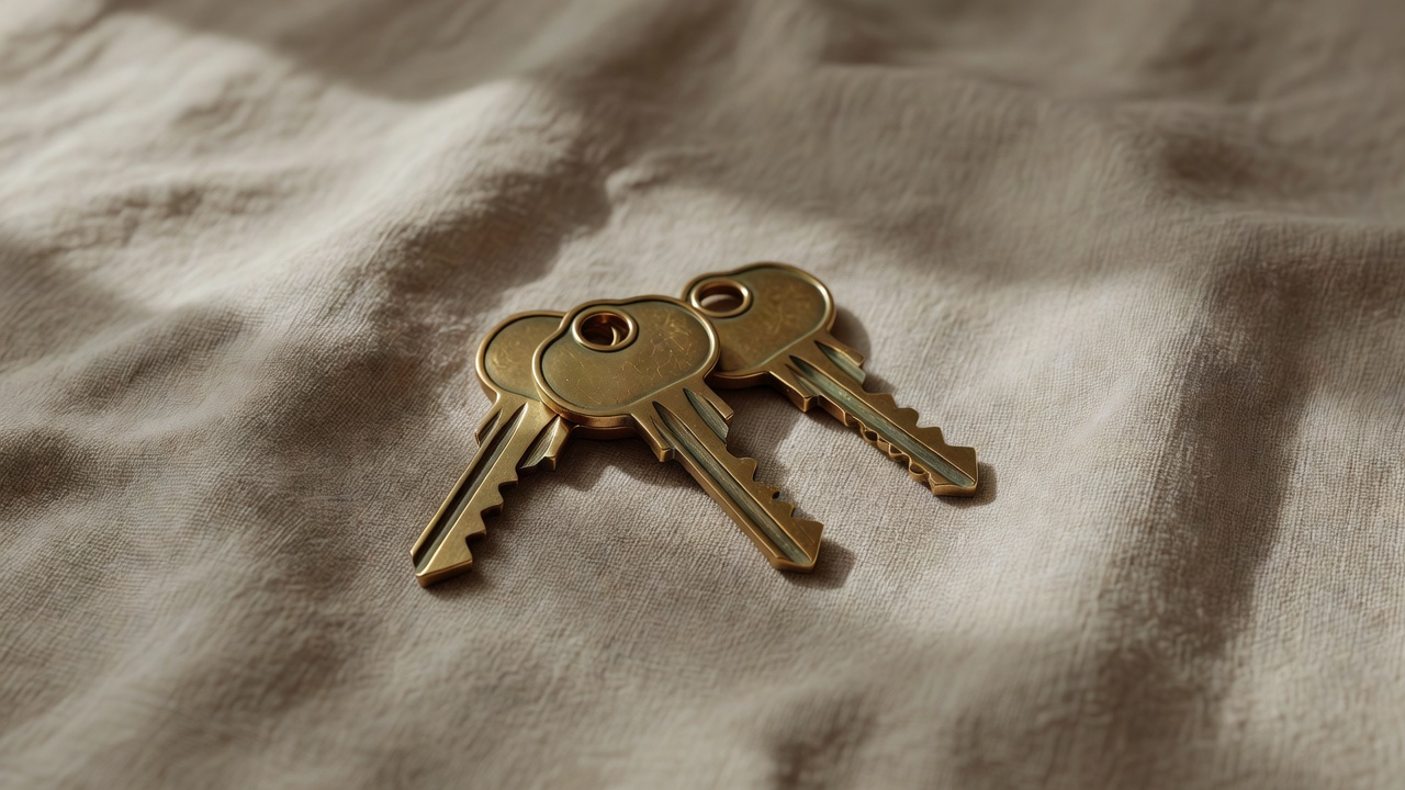 Conceptual 3D render of three brass room keys resting on warm linen, symbolising an overnight stay
