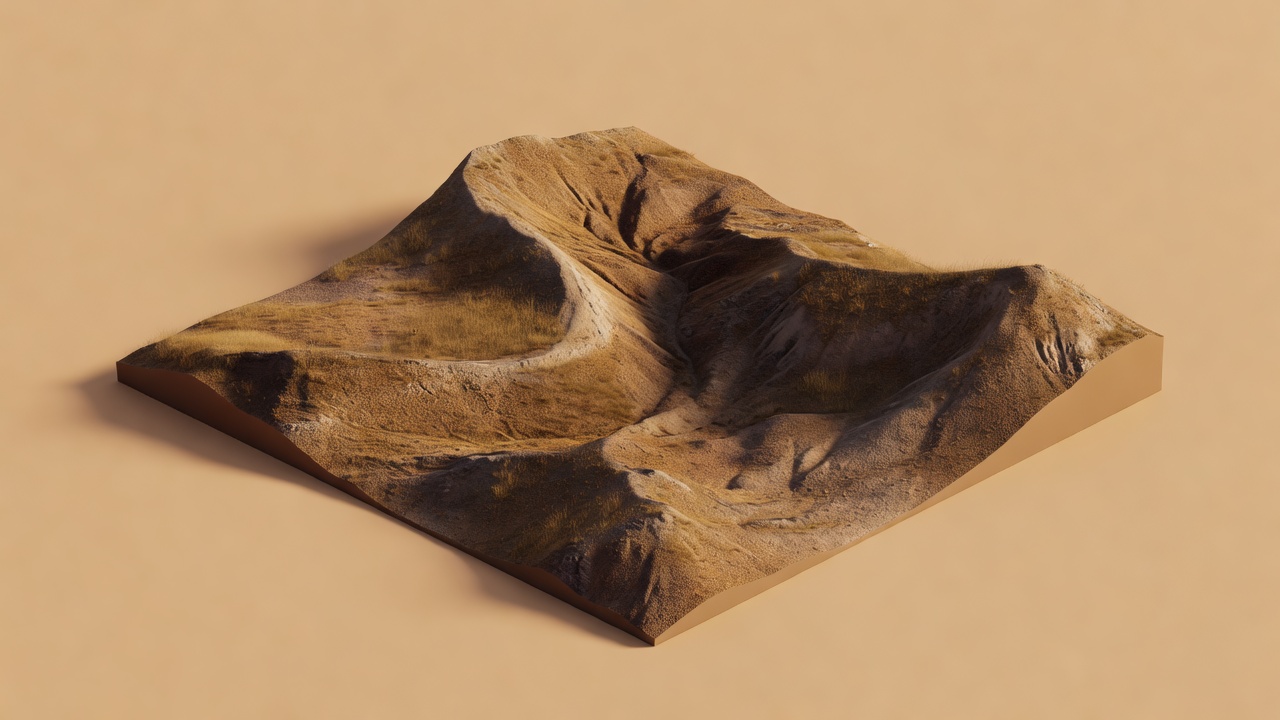Conceptual 3D render of a miniature terrain model with a winding ridge and valley on a plain warm background