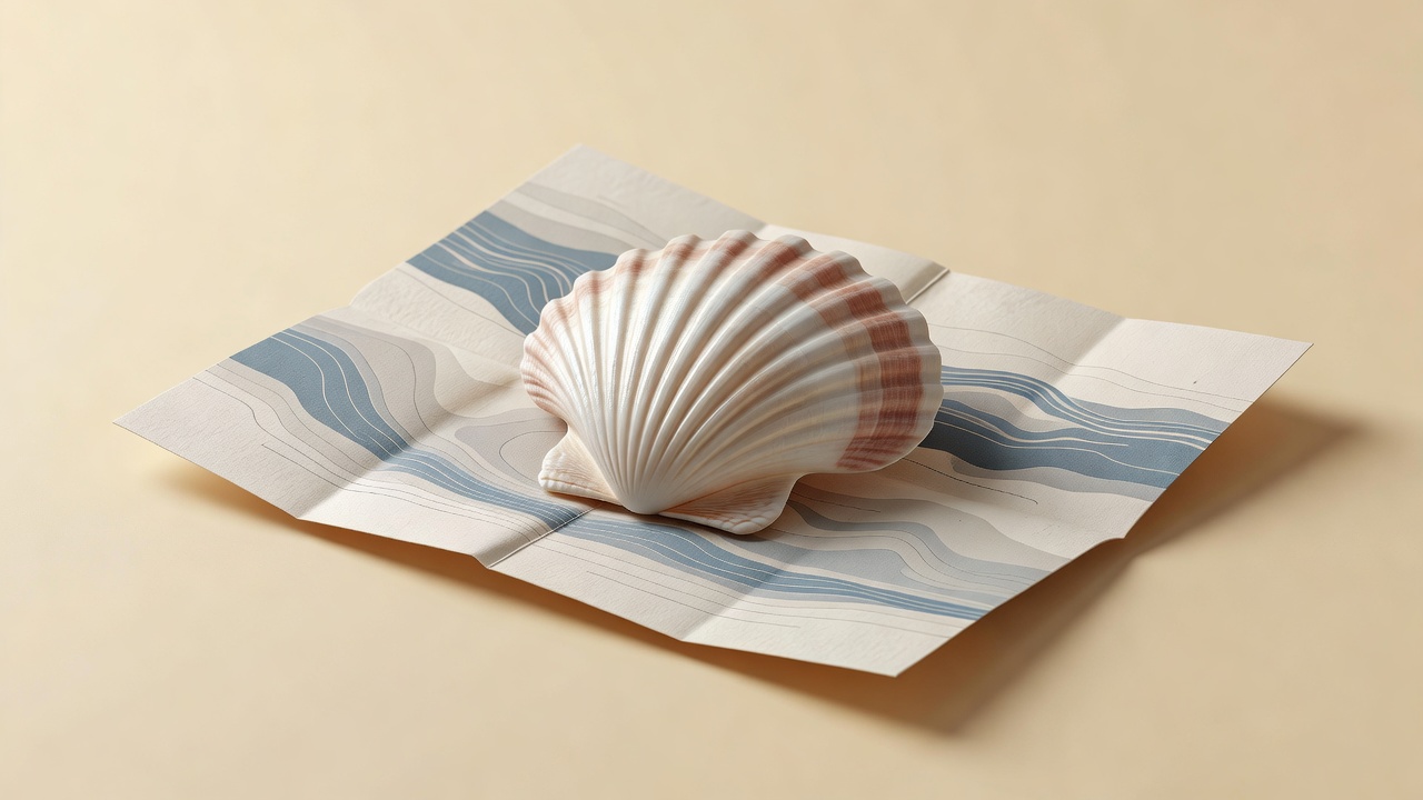 Conceptual 3D render of a scallop shell resting on a folded paper tide chart against a plain warm background