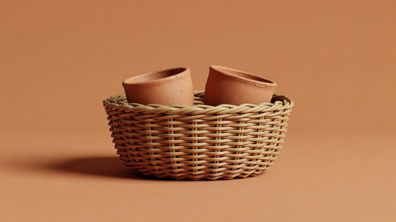Conceptual 3D render of a woven market basket with two clay cups on a plain warm background