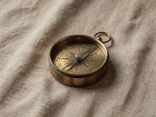 Conceptual 3D render of a brass compass on warm linen