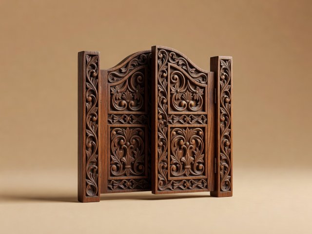 Conceptual 3D render of a small carved wooden gate on a warm neutral background