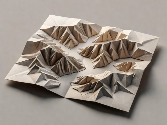Conceptual 3D render of a folded relief model of fjords and ridges