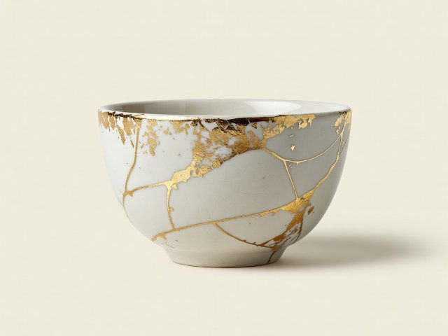 Conceptual 3D render of a ceramic tea bowl with gold leaf detail