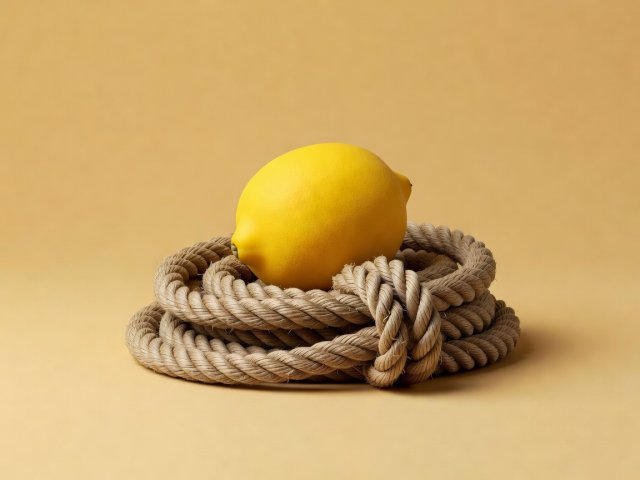Conceptual 3D render of a lemon resting against a coil of ship's rope