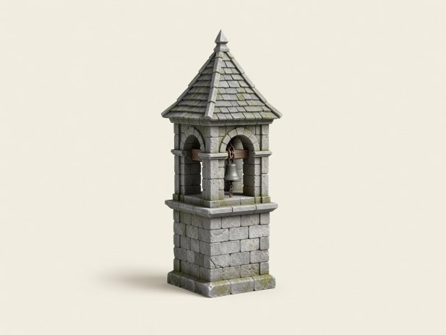 Conceptual 3D render of a miniature stone belfry tower on a plain cream background