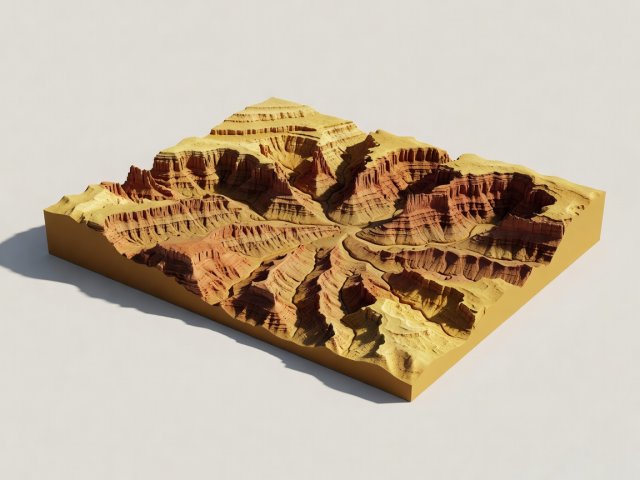 Conceptual 3D render of a miniature canyon terrain block in ochre tones