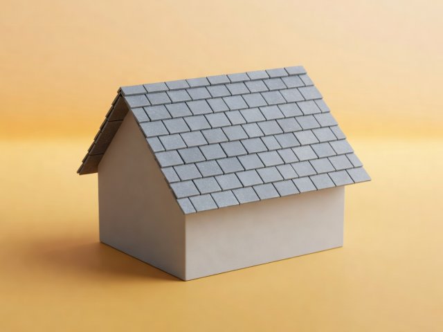 Conceptual 3D render of a small model house with a grey slate roof